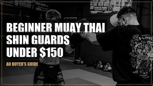 Two fighters sparring in a Muay Thai gym wearing shin guards and Mission Fight Culture gear