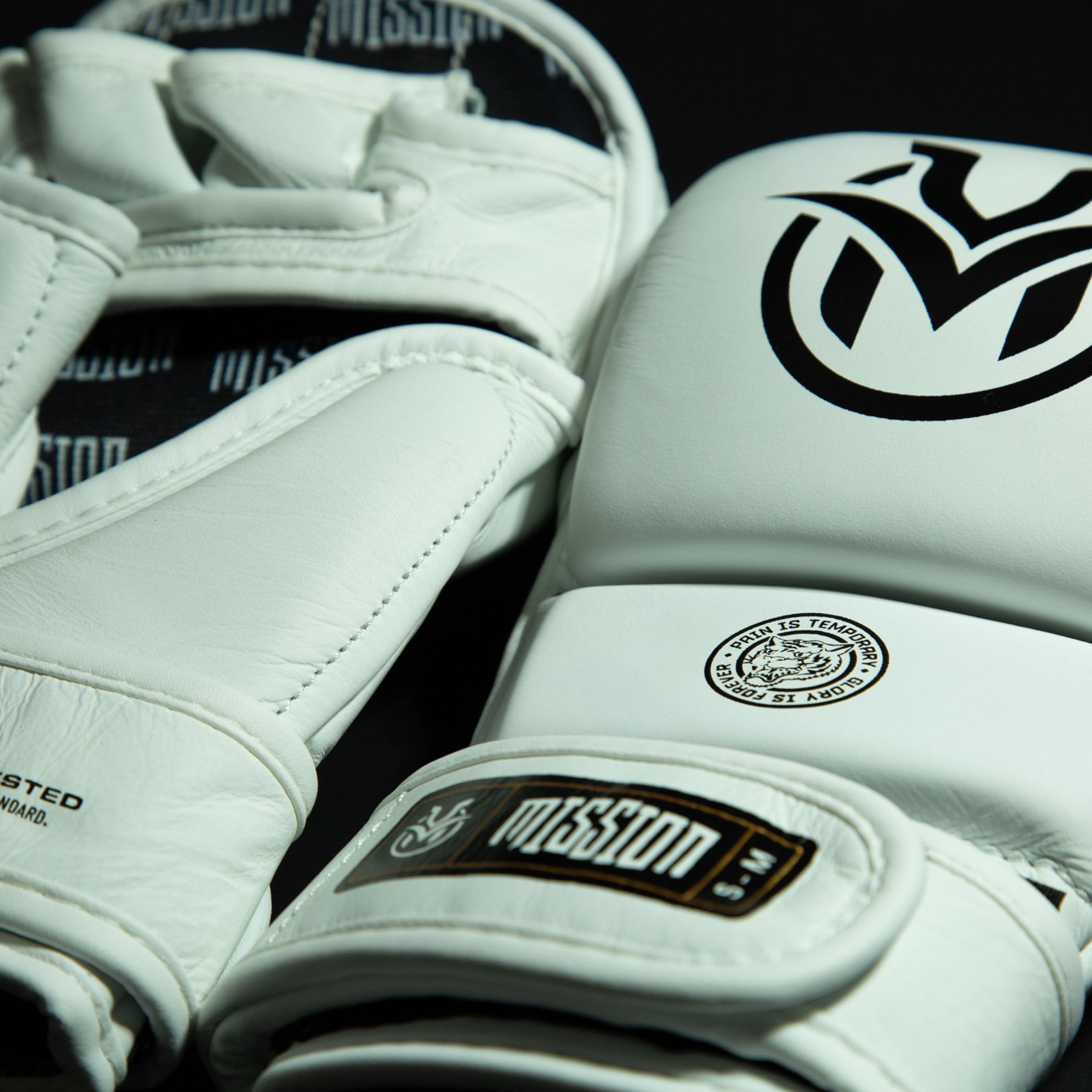 Close up of white MMA gloves with black logos on a dark background
