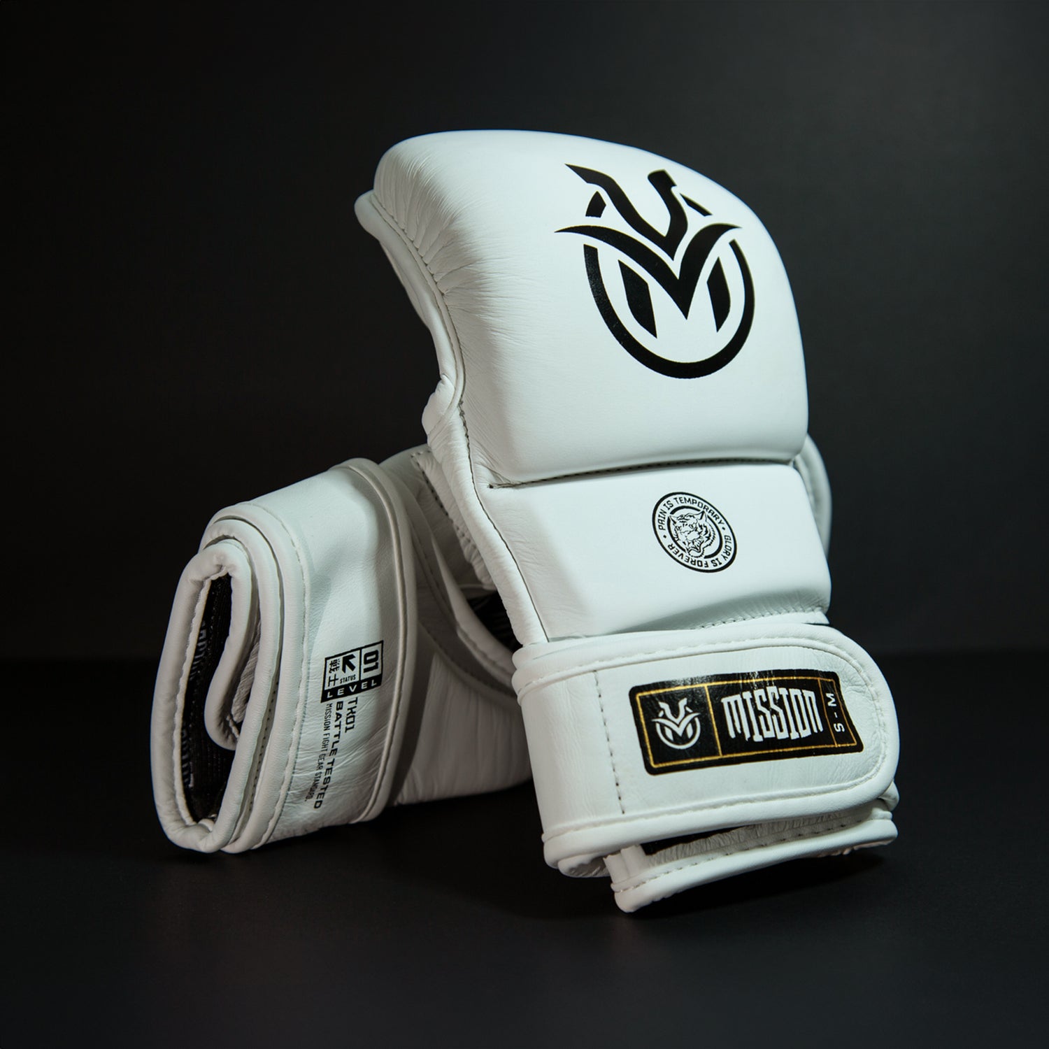 White MMA gloves with black logos on a dark background