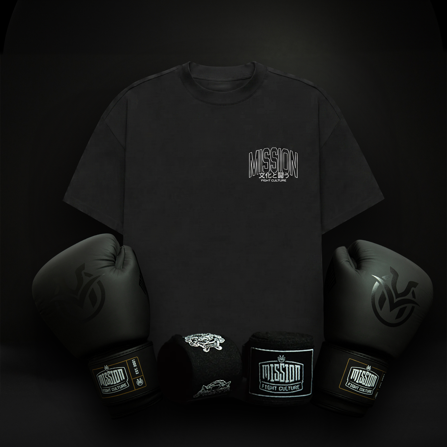 Boxing Bundle Kit (Boxing Gloves, Oversize T-shirt & Hand Wraps) Black Out