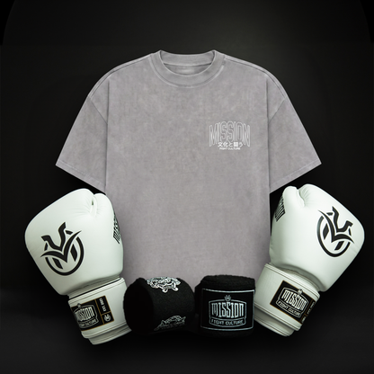 Sparring Bundle Kit (Boxing Gloves, Oversize T-shirt & Hand Wraps) Icy White